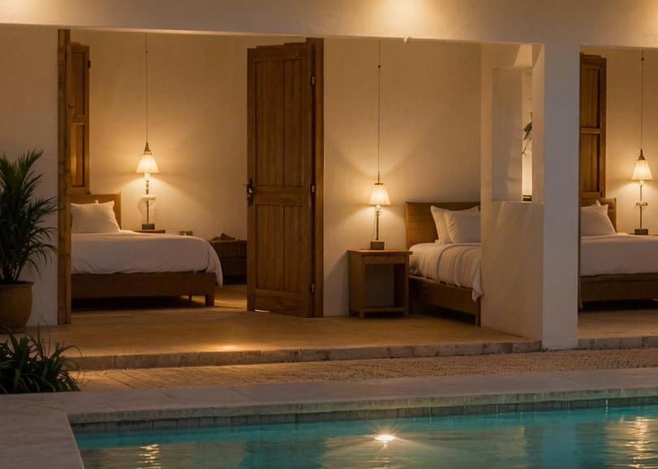 Tre camere al piano terra, di notte, una lampada accesa in ognuna, la piscina illuminata accanto.