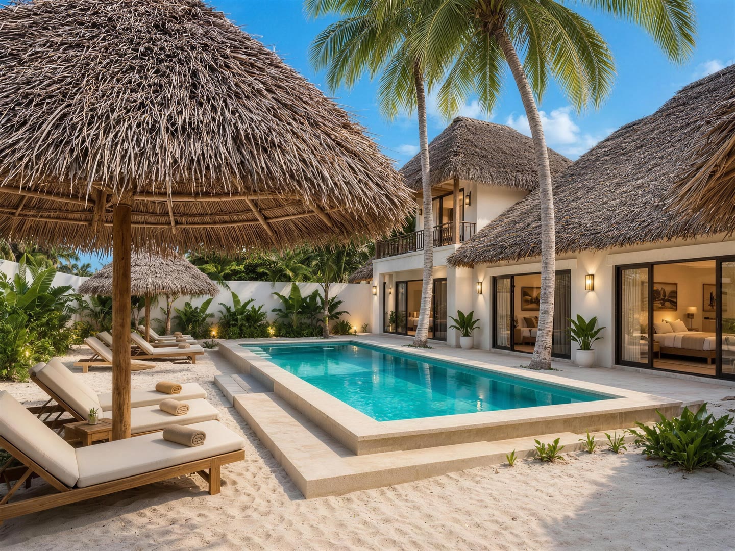 La piscina a mezzogiorno, sole pieno e ombre corte, la villa dietro, il cielo limpido.