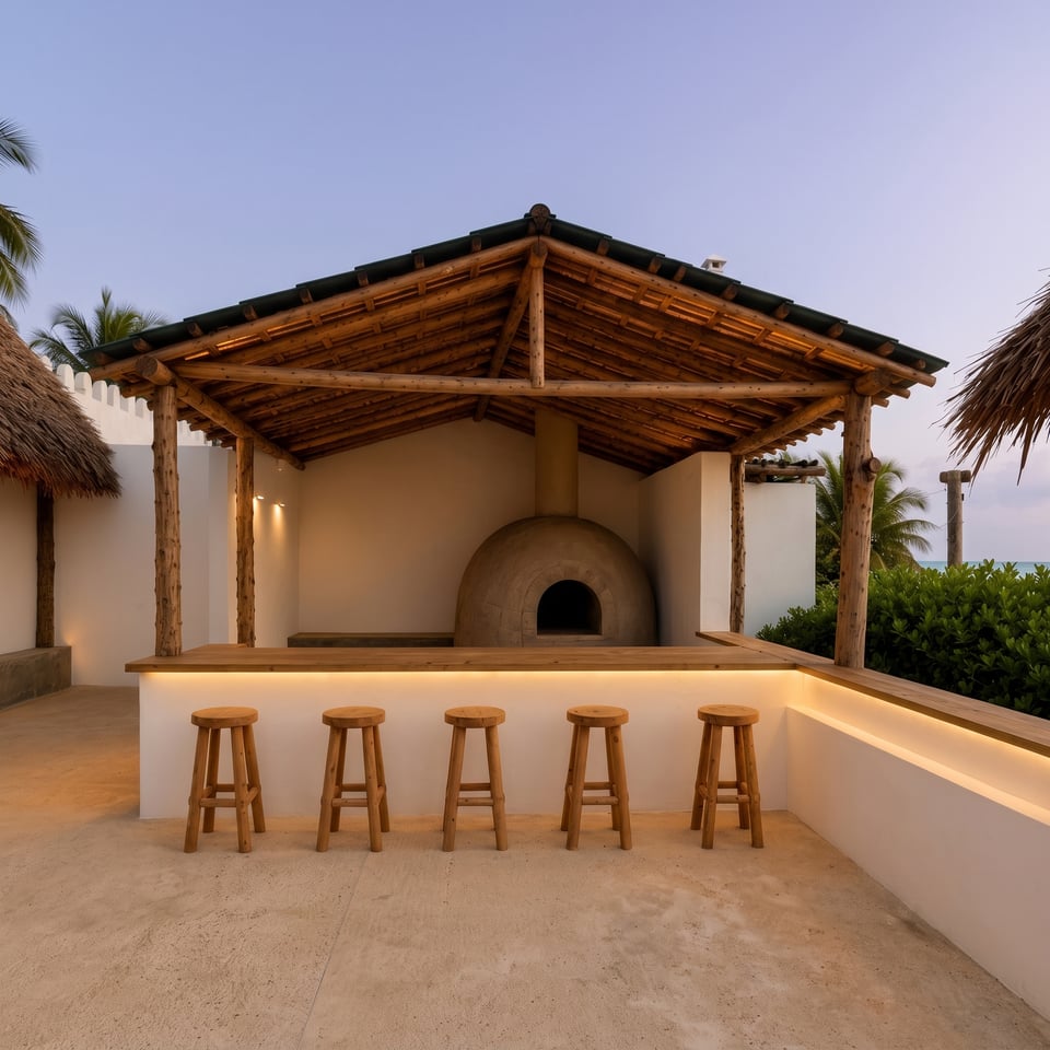 Architectural render: the beach bar and its domed bread oven at sunset, the sea at the right edge.