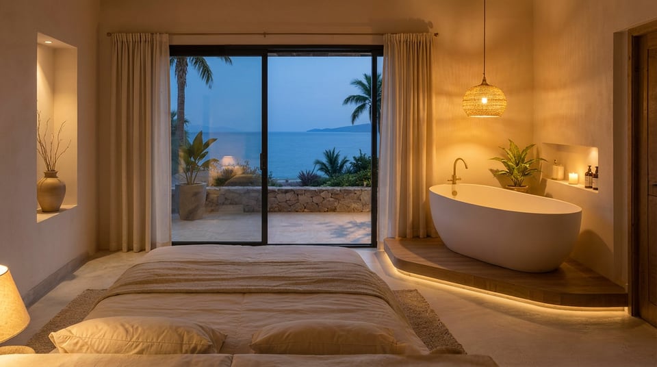 La Deluxe di notte: il letto rivolto al mare oltre la vetrata, la vasca illuminata di caldo sulla sua pedana di legno.