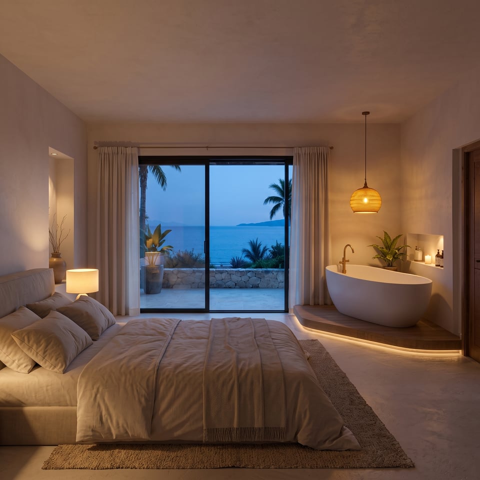 Architectural render: the Deluxe room at night, bed facing the sea, bathtub on a raised platform.
