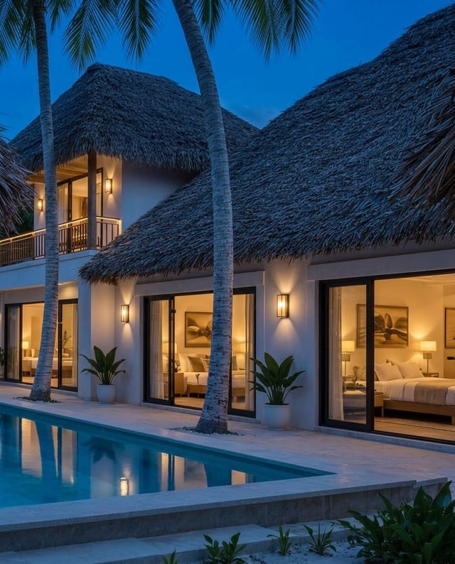 La villa di notte, le luci accese sui balconi, la piscina che brilla sotto un cielo blu scuro.